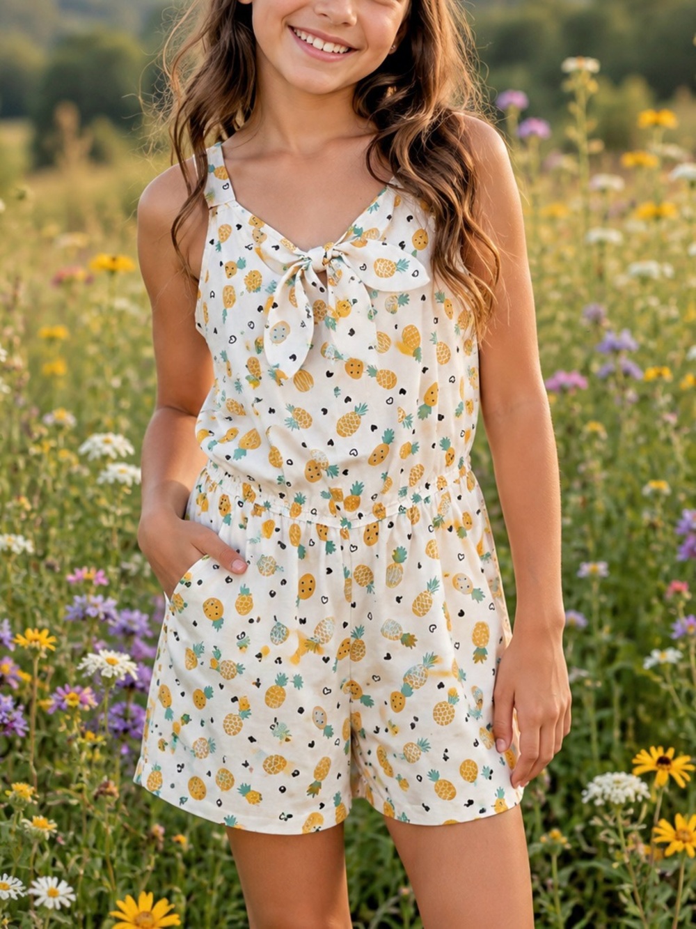 Jenna & Jessie Girls Size 10 Pineapple Print Romper White Yellow Tie Front
